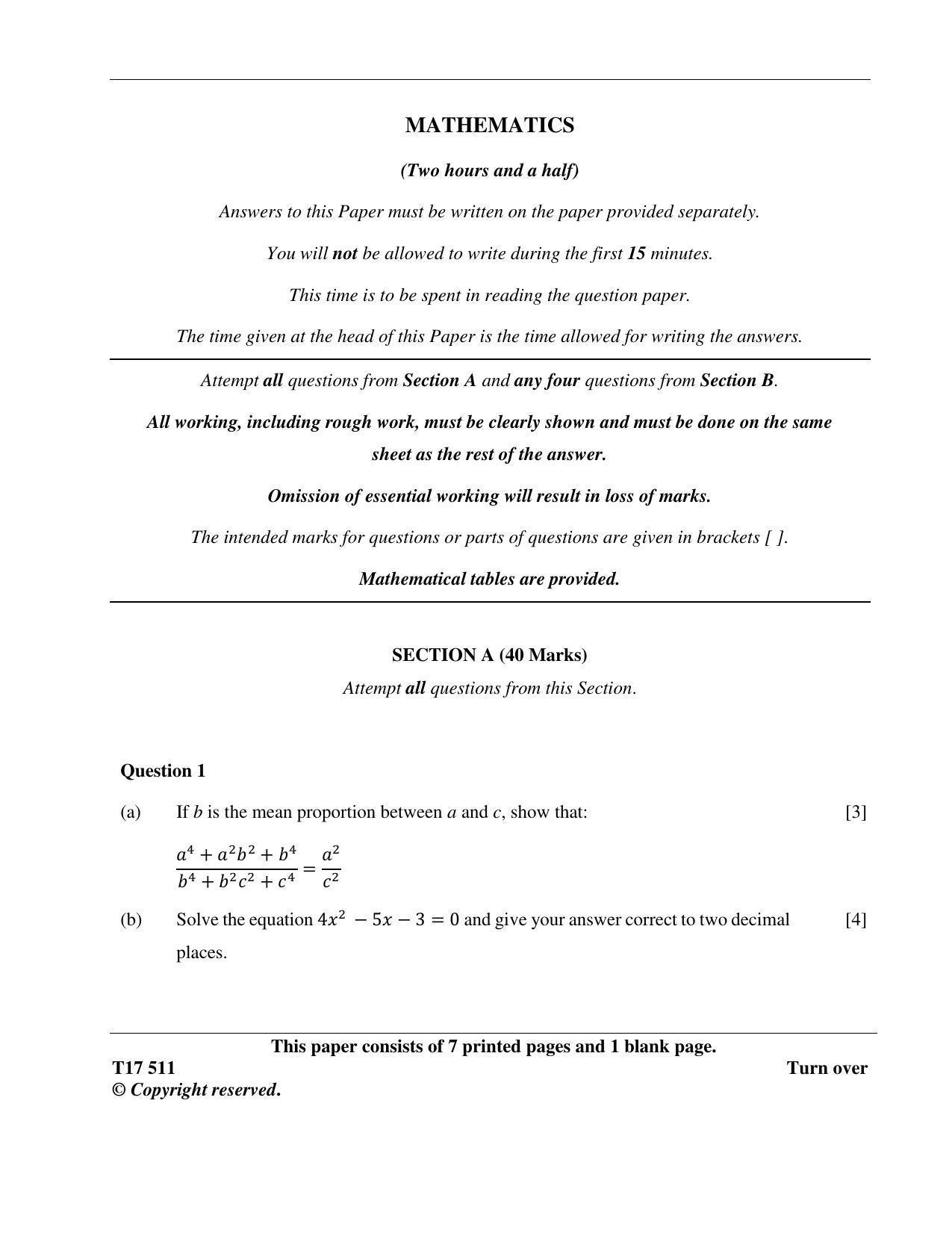 ICSE Class 10 MATHEMATICS 2017 Question Paper - Page 1
