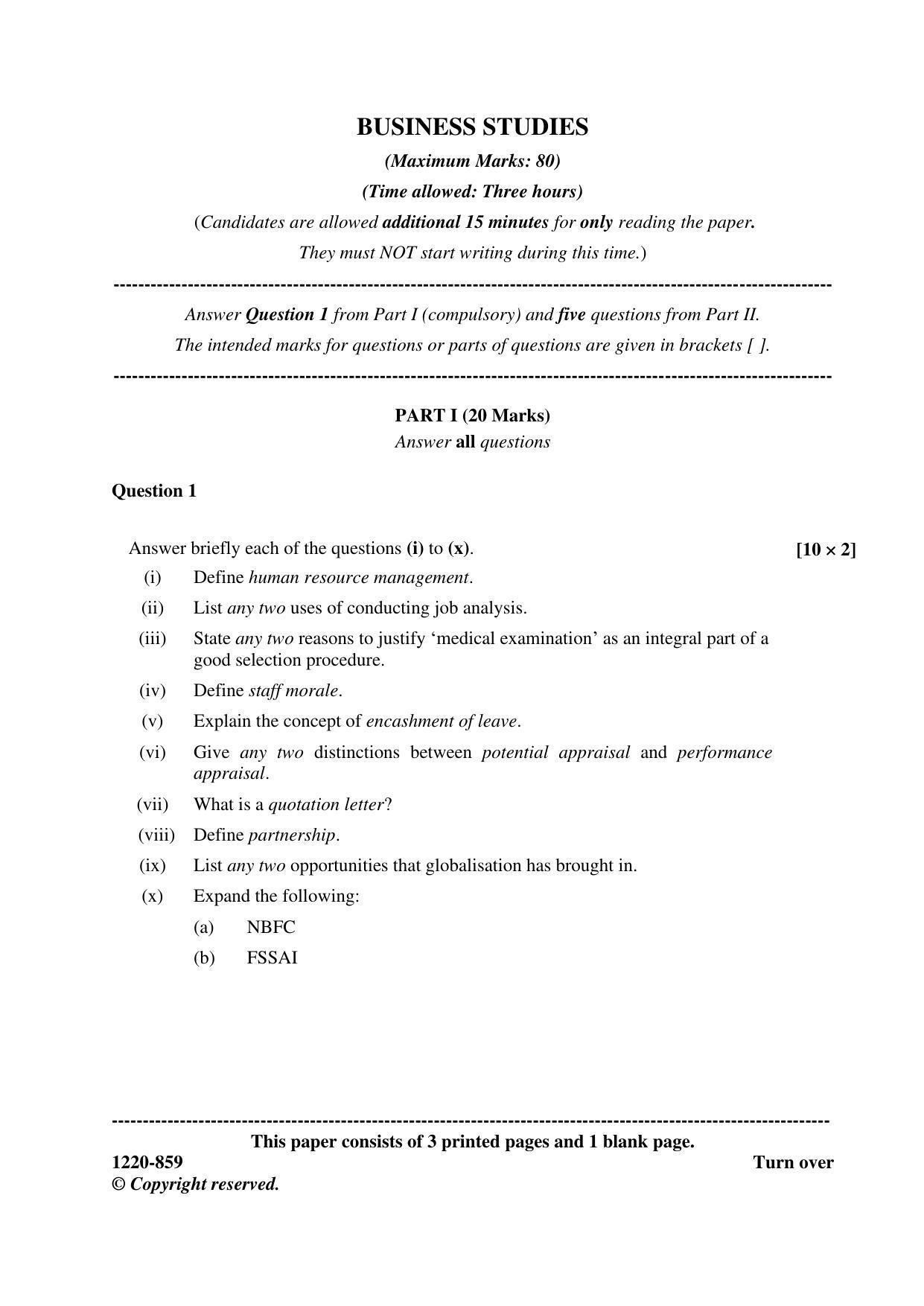 ISC Class 12 2020 Business Studies Question Paper - Page 1