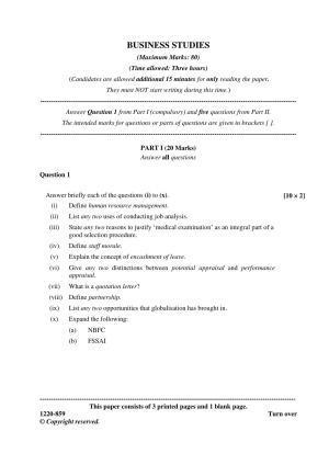 ISC Class 12 2020 Business Studies Question Paper