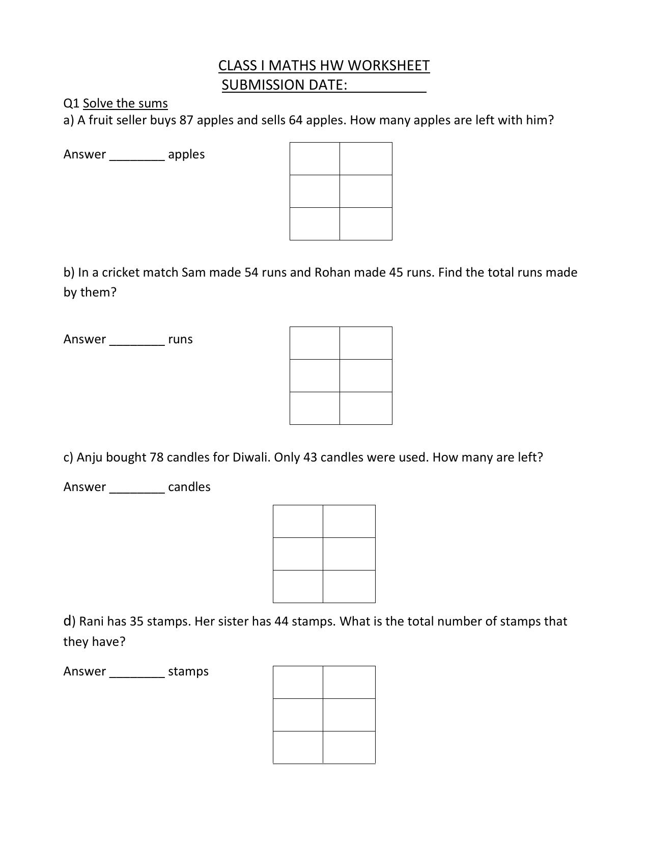 Worksheets for Grade 1 Maths Addition Assignment 2 - Page 1