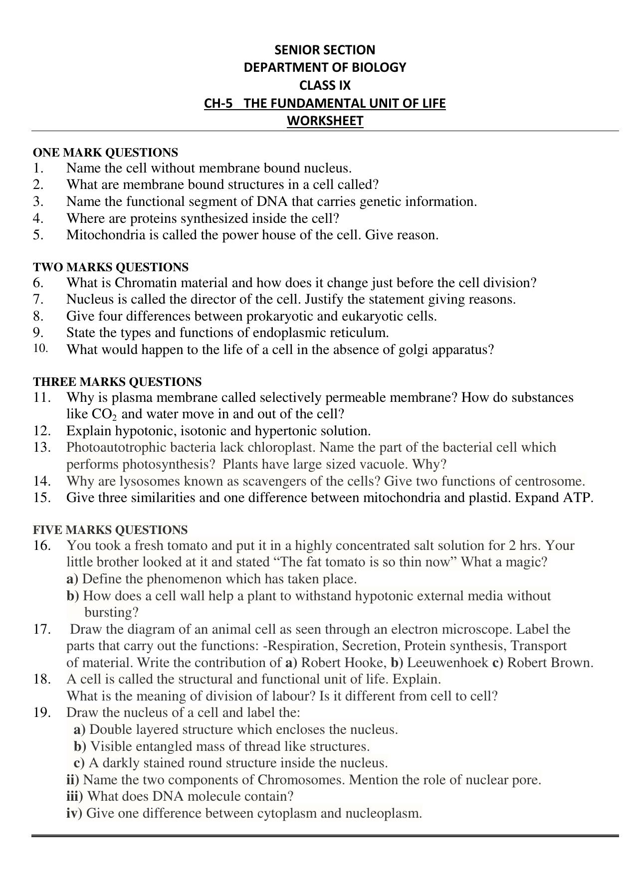 CBSE Worksheets for Class 9 Science Fundamental Unit of Life Assignment - Page 1