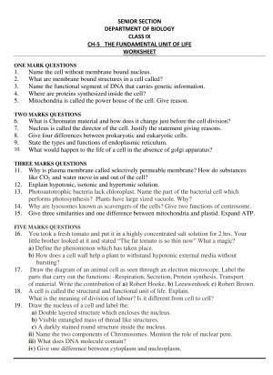 CBSE Worksheets for Class 9 Science Fundamental Unit of Life Assignment