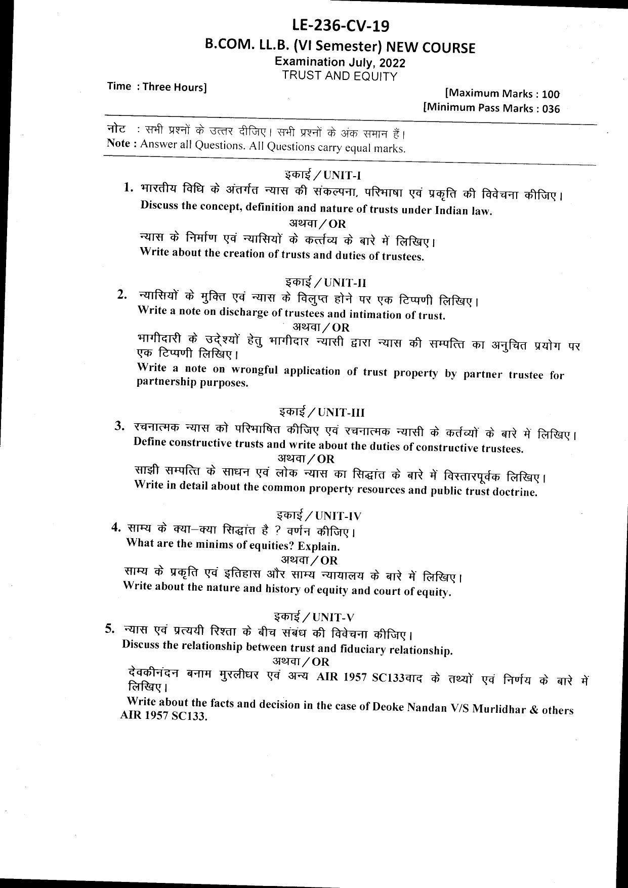 Bilaspur University Question Paper July 2022:B.COM. LL.B. Sixth semester (New Course) Trust And Equity Paper 1 - Page 1