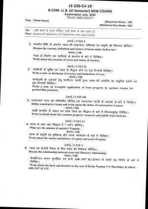 Bilaspur University Question Paper July 2022:B.COM. LL.B. Sixth semester (New Course) Trust And Equity Paper 1