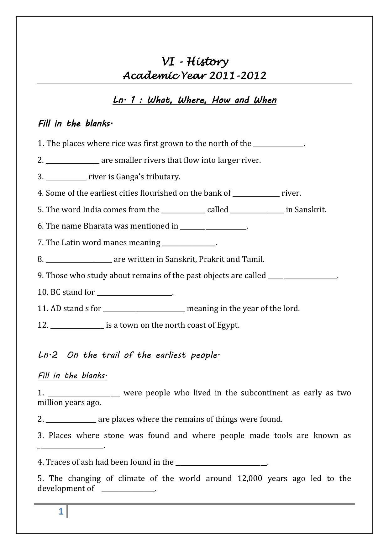 CBSE Worksheets for Class 6 Social Science Assignment 5 - Page 1