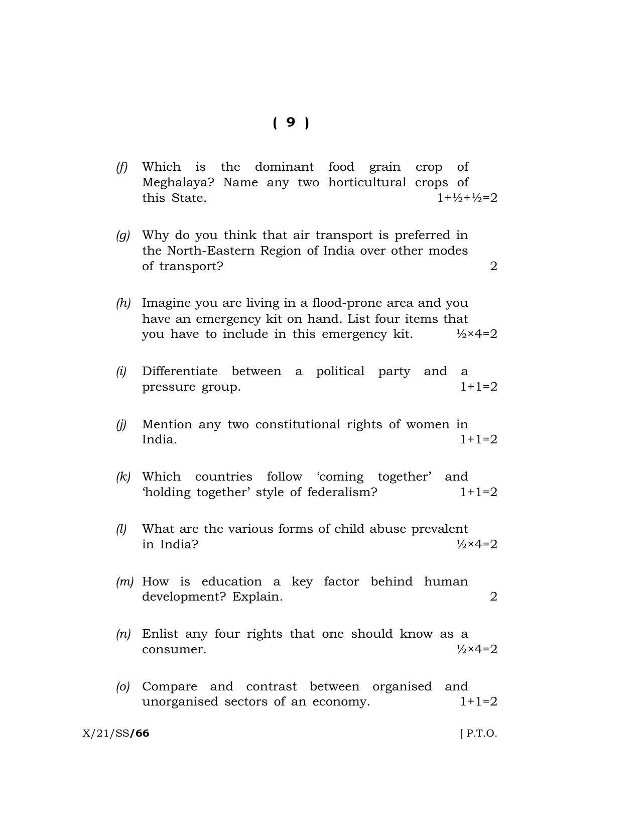 Meghalaya Board (MBOSE) Class 10 SOCIAL SCIENCE  (X-21-SS) 2021 Question Paper - Page 9