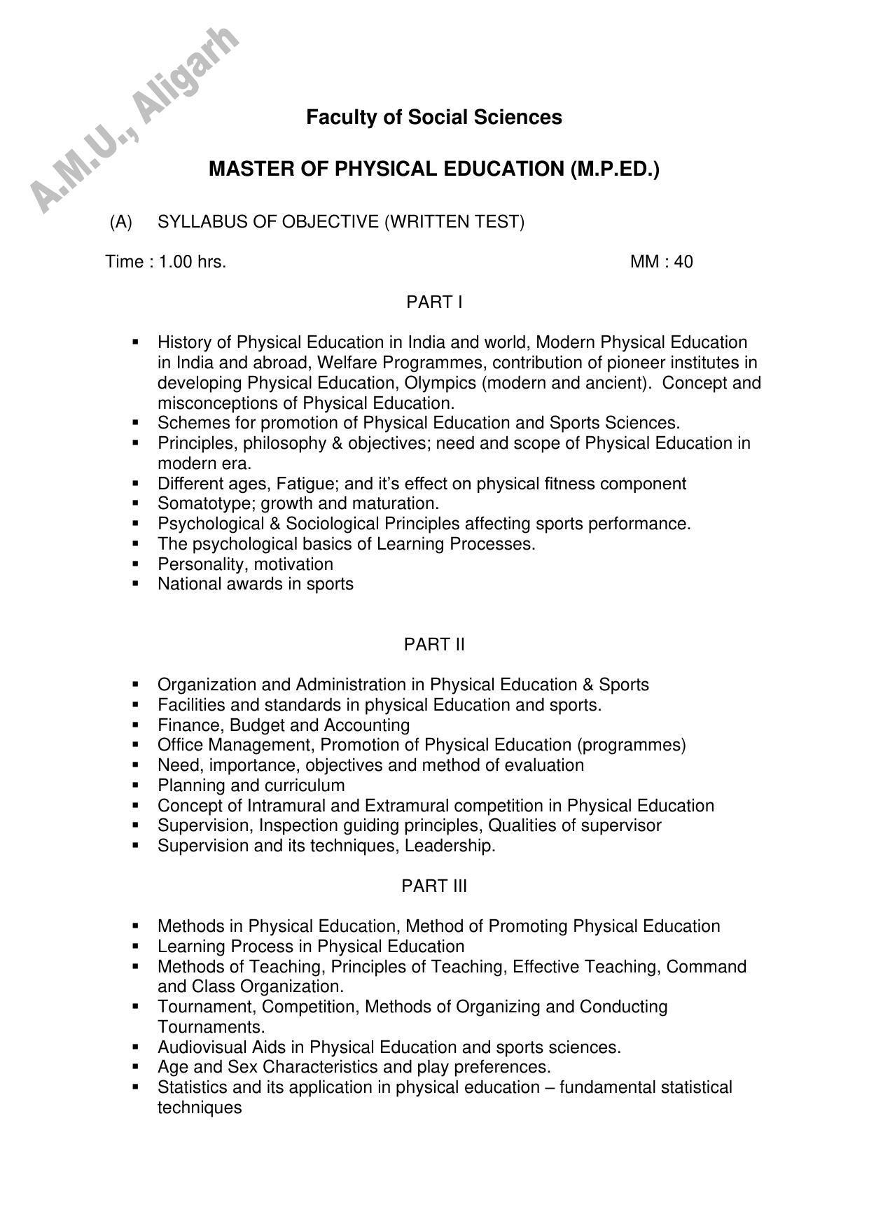 AMU Entrance Exam: M. P. Ed. Syllabus - Page 1