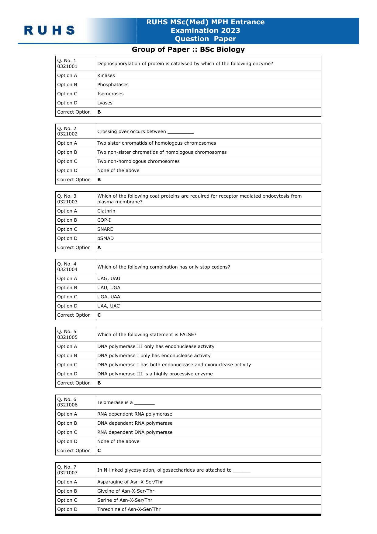 RUHS M.Sc Med 2023: BSc Biology Question Paper with Answer Key - Page 1