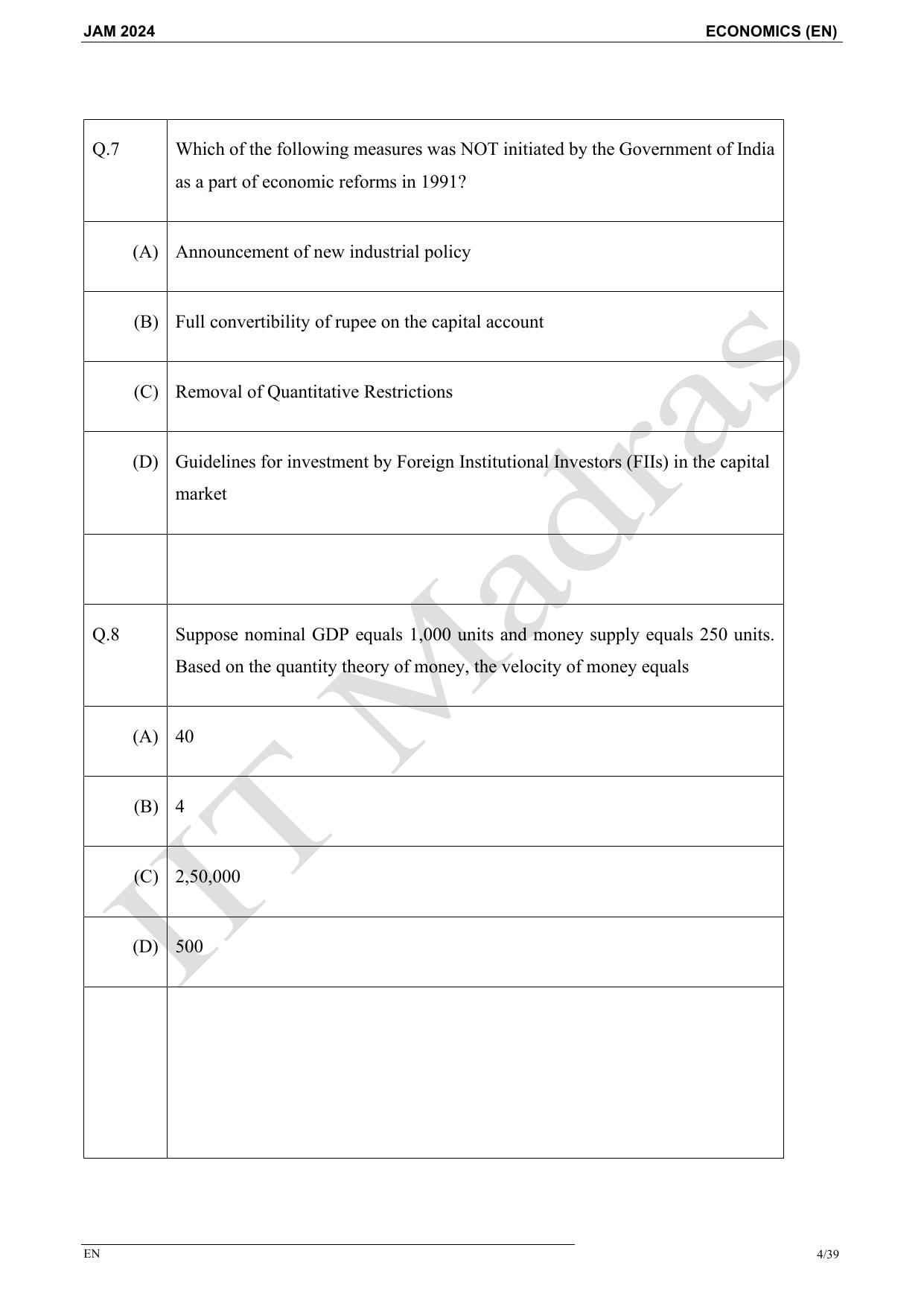 IIT JAM 2024 Economics (EN) Master Question Paper - Page 4