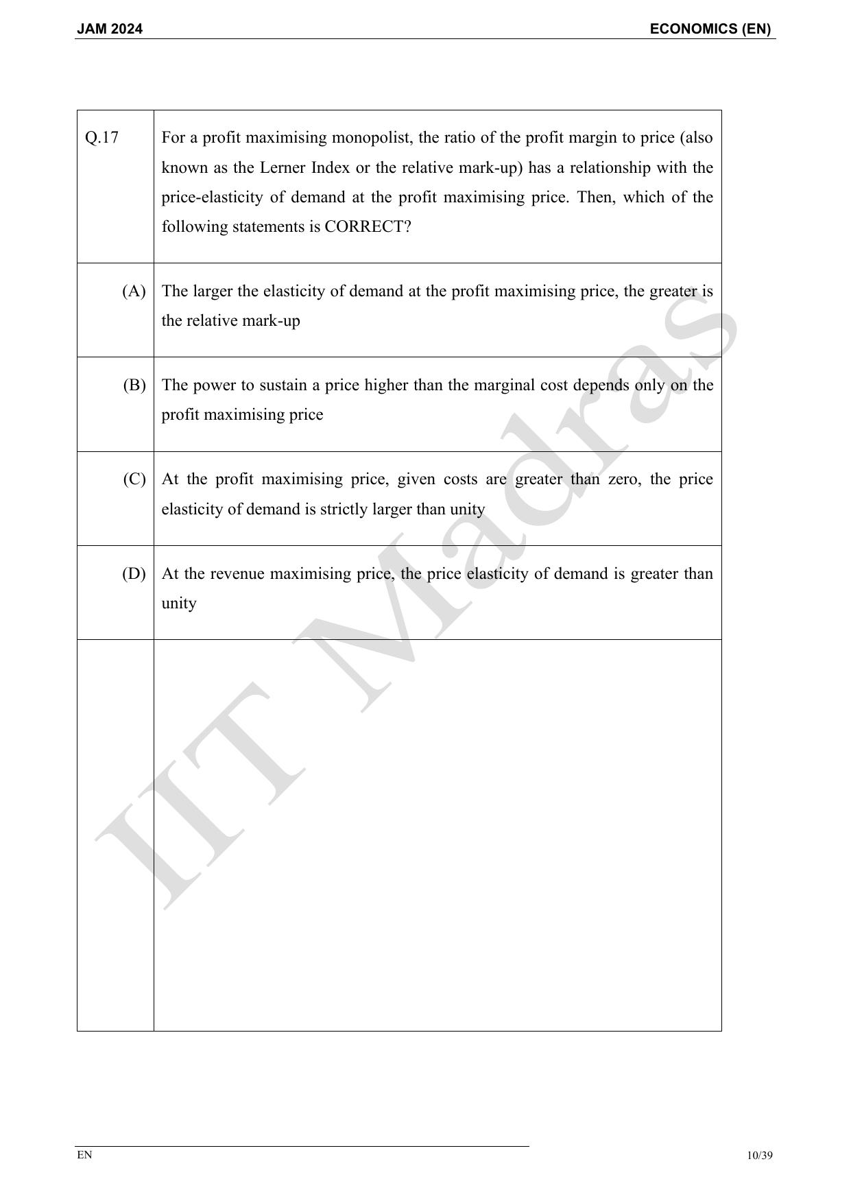 IIT JAM 2024 Economics (EN) Master Question Paper - Page 10