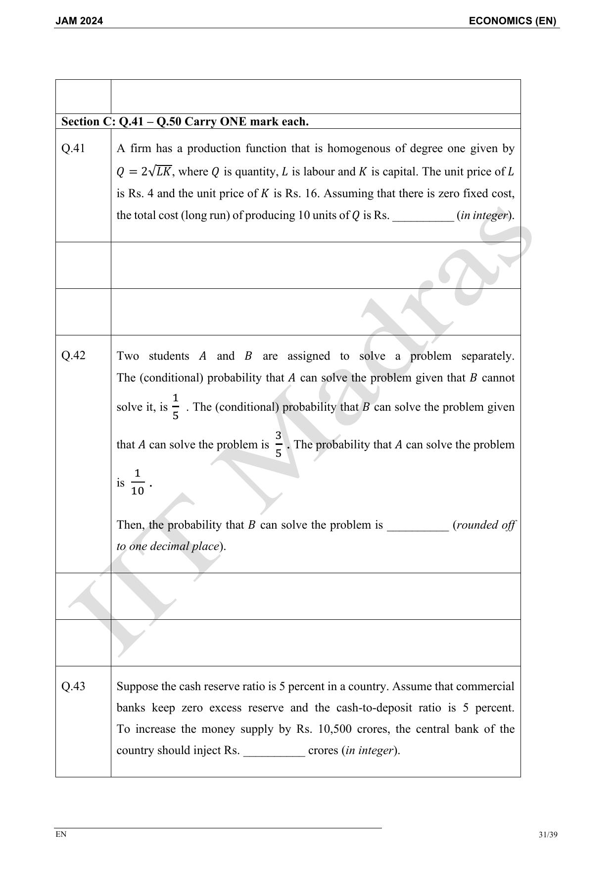 IIT JAM 2024 Economics (EN) Master Question Paper - Page 31