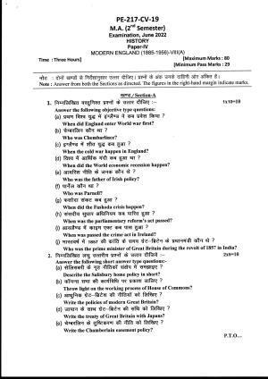 Bilaspur University Question Paper June 2022:M.A. History (Second Semester) Modern England (1885 - 1956) - VIII(A) Paper 1