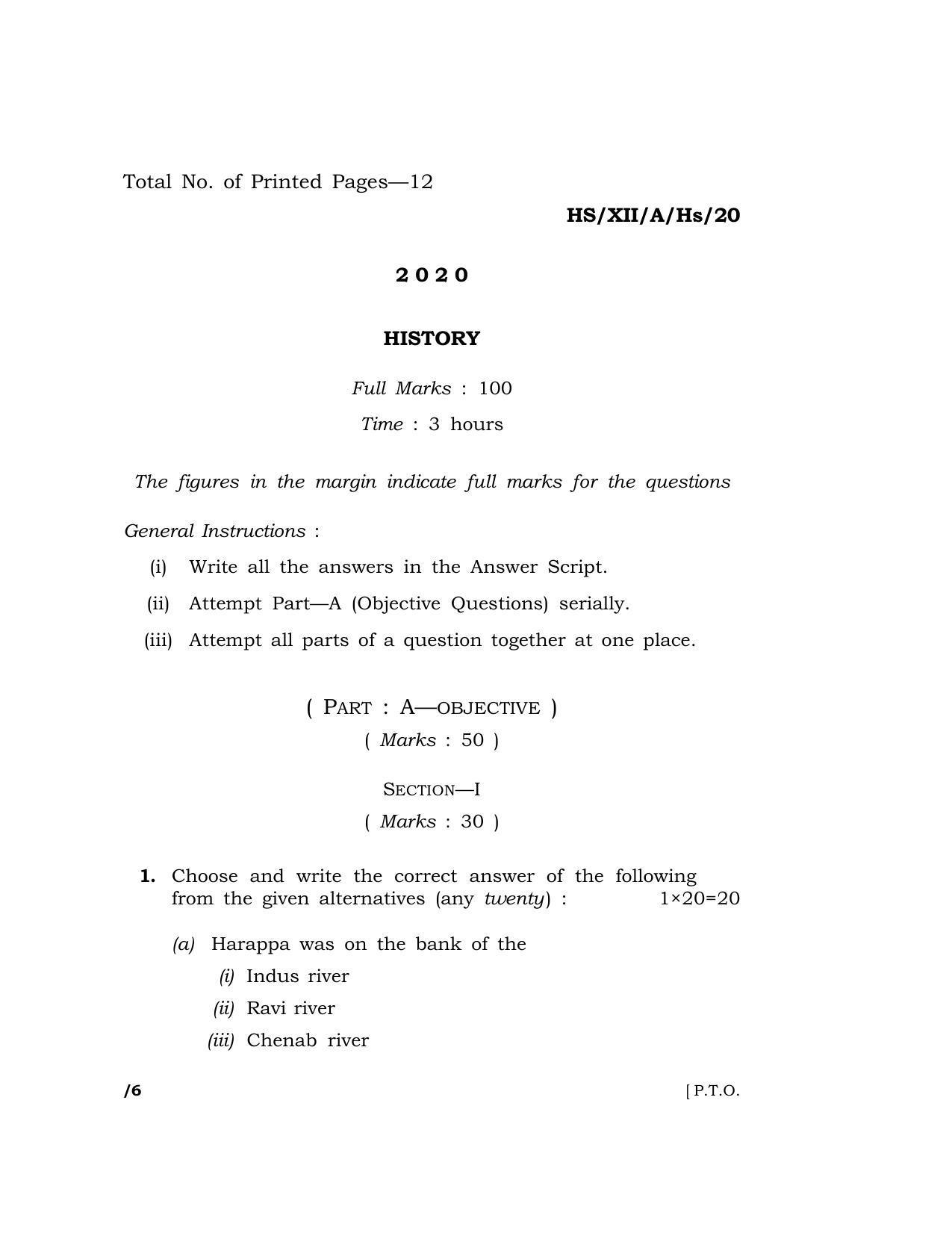 Meghalaya Board (MBOSE) Class 12 HISTORY 2020 Question Paper - Page 1