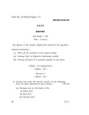 Meghalaya Board (MBOSE) Class 12 HISTORY 2020 Question Paper