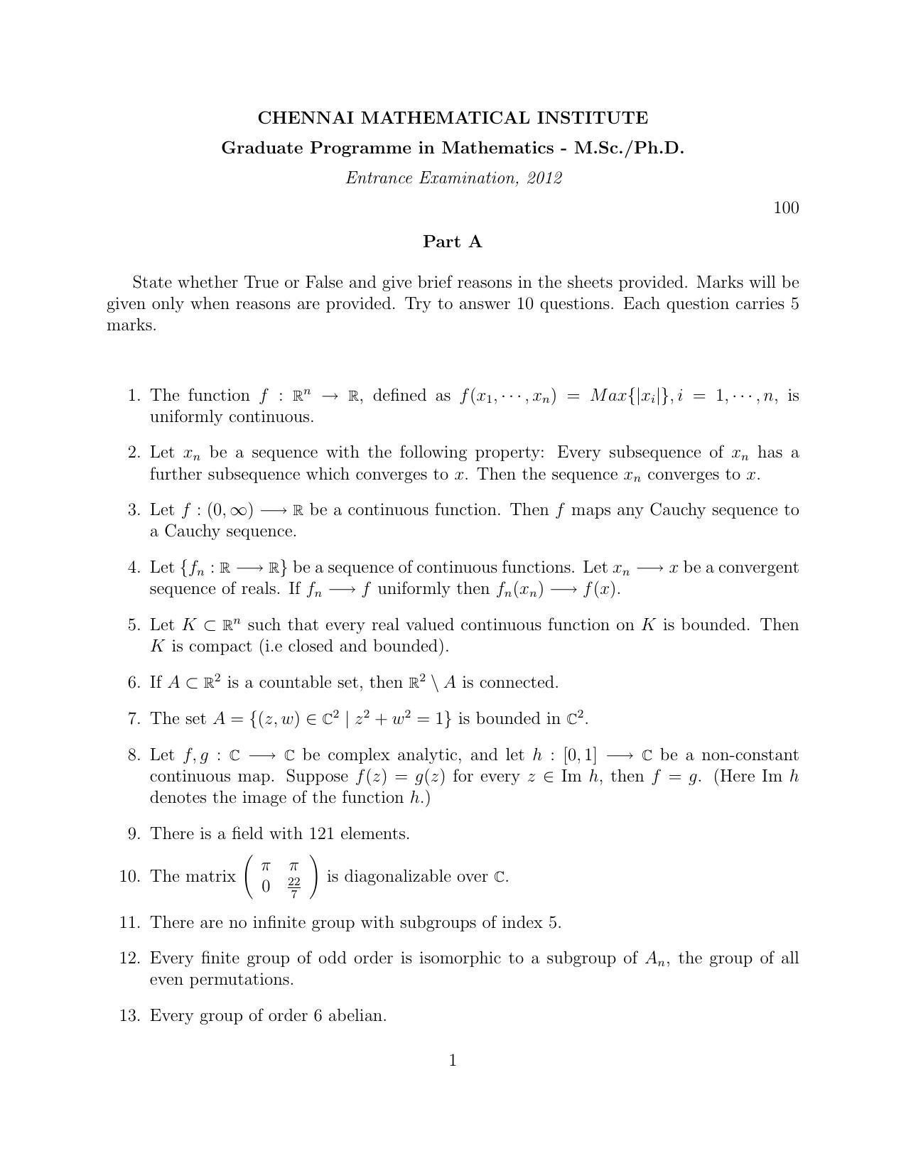 CMI Entrance Exam 2012 Question Paper MSc/PhD Mathematics - Page 1