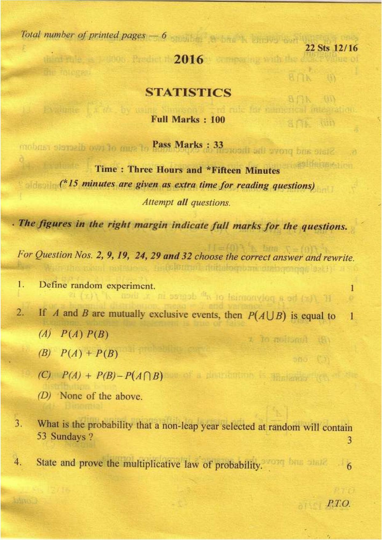 COHSEM Class 12 Statistics 2016 Question Papers - Page 1
