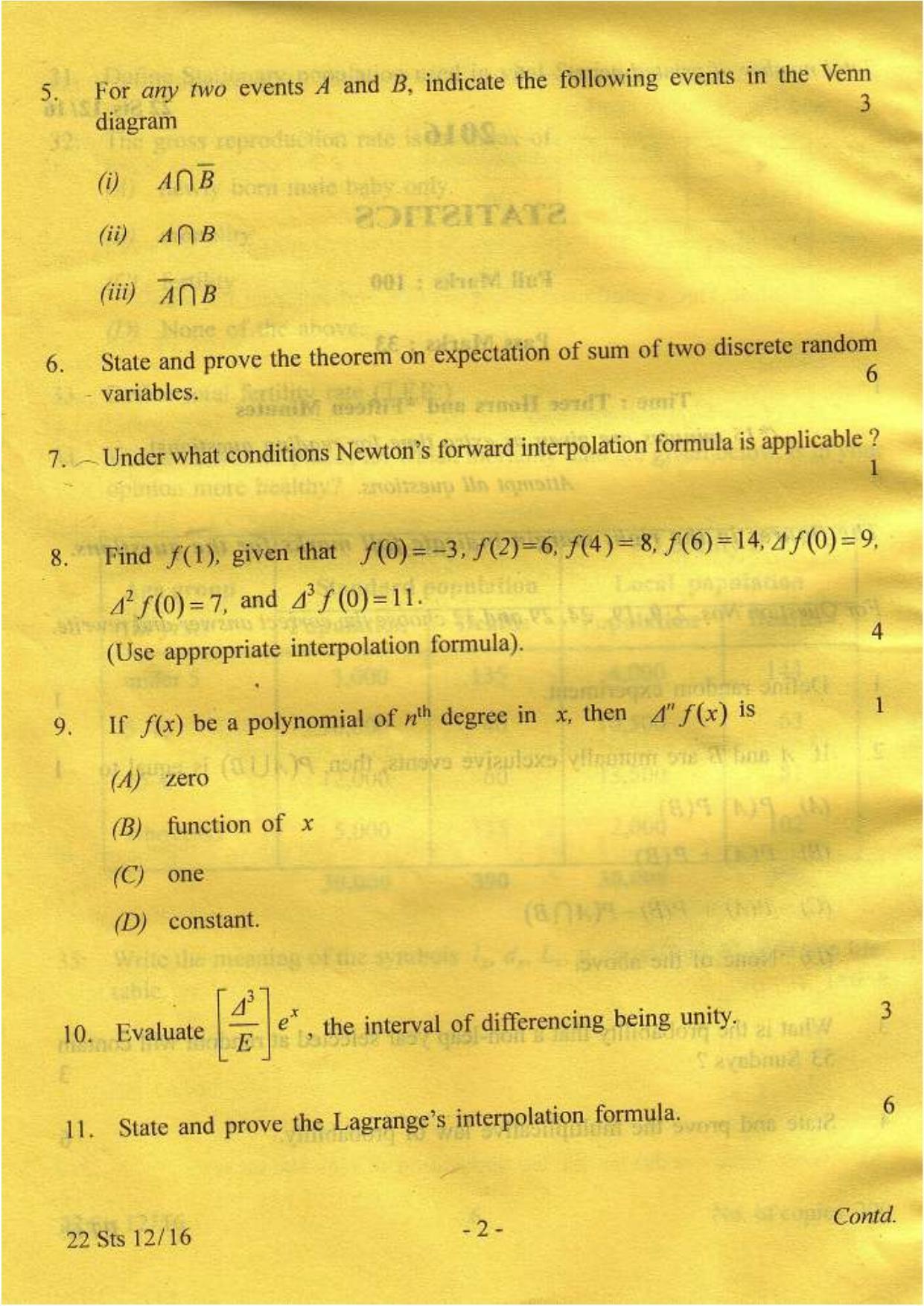COHSEM Class 12 Statistics 2016 Question Papers - Page 2