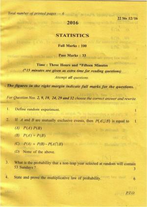 COHSEM Class 12 Statistics 2016 Question Papers