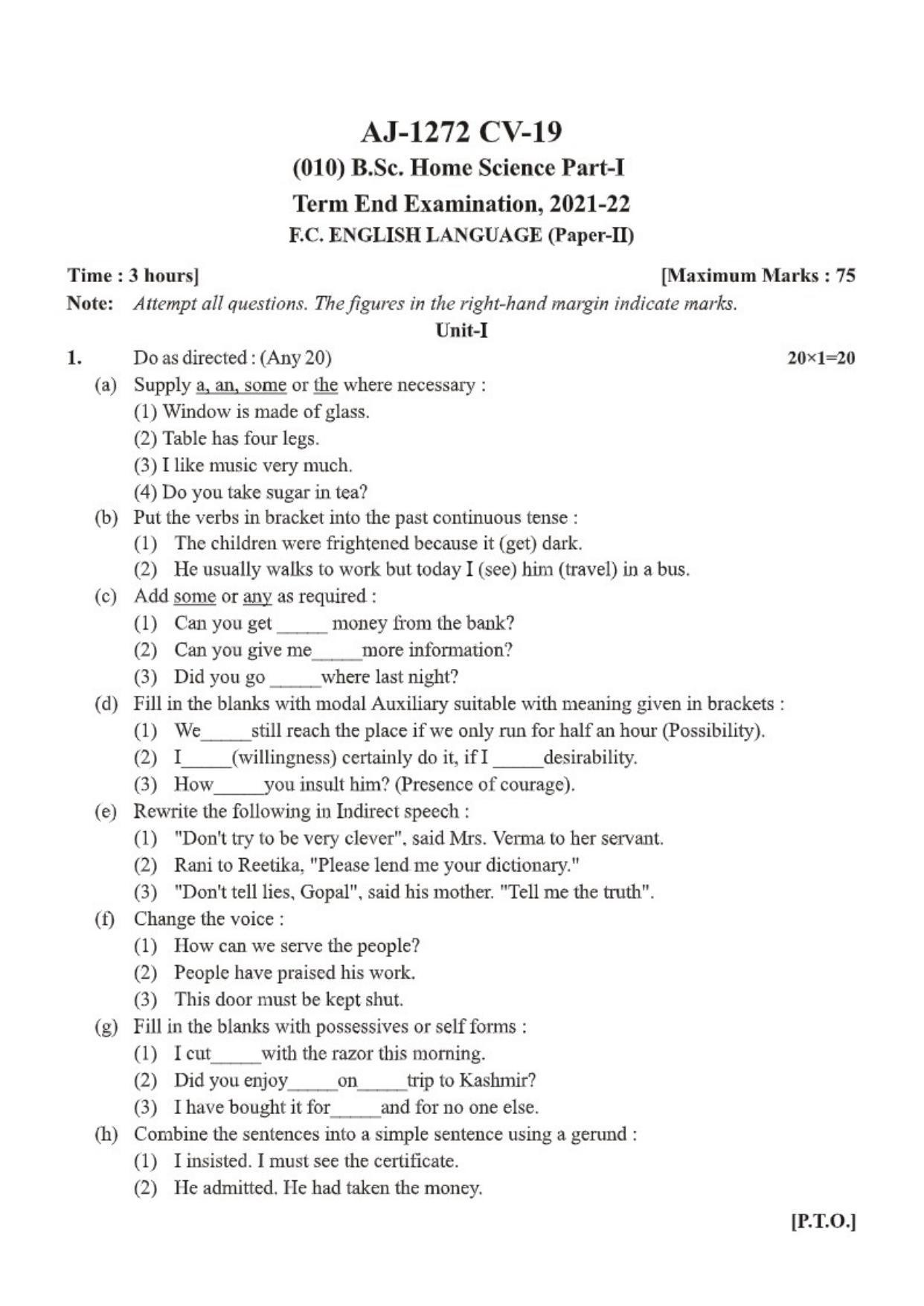 Bilaspur University Question Paper 2021-2022:B.Sc. Home Science Part-I  FC English Language Paper 1 - Page 1