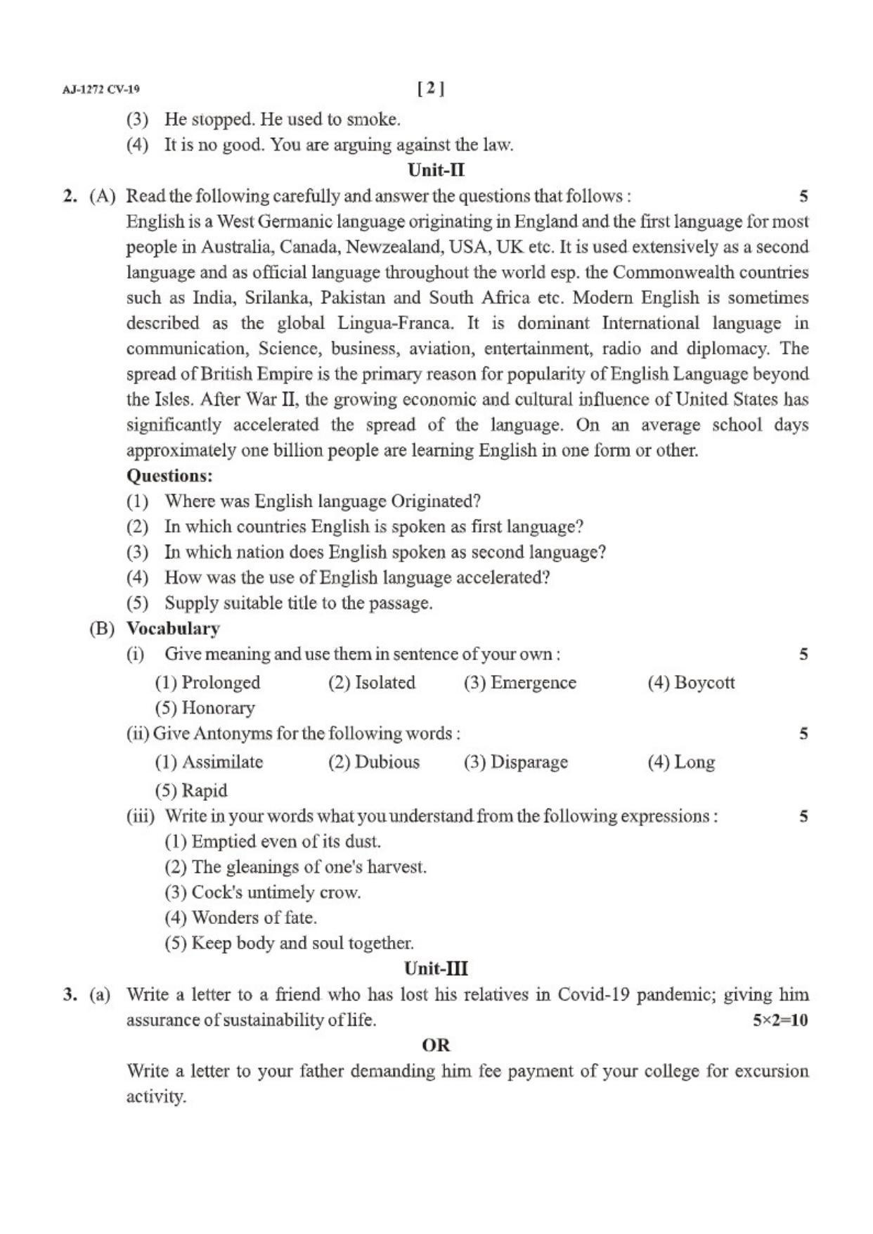 Bilaspur University Question Paper 2021-2022:B.Sc. Home Science Part-I  FC English Language Paper 1 - Page 2