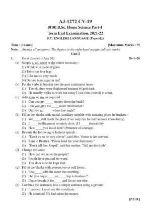 Bilaspur University Question Paper 2021-2022:B.Sc. Home Science Part-I  FC English Language Paper 1