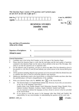 NIOS Jan-Feb 2021 Class 10 Business Studies (OS) SET A Question Paper