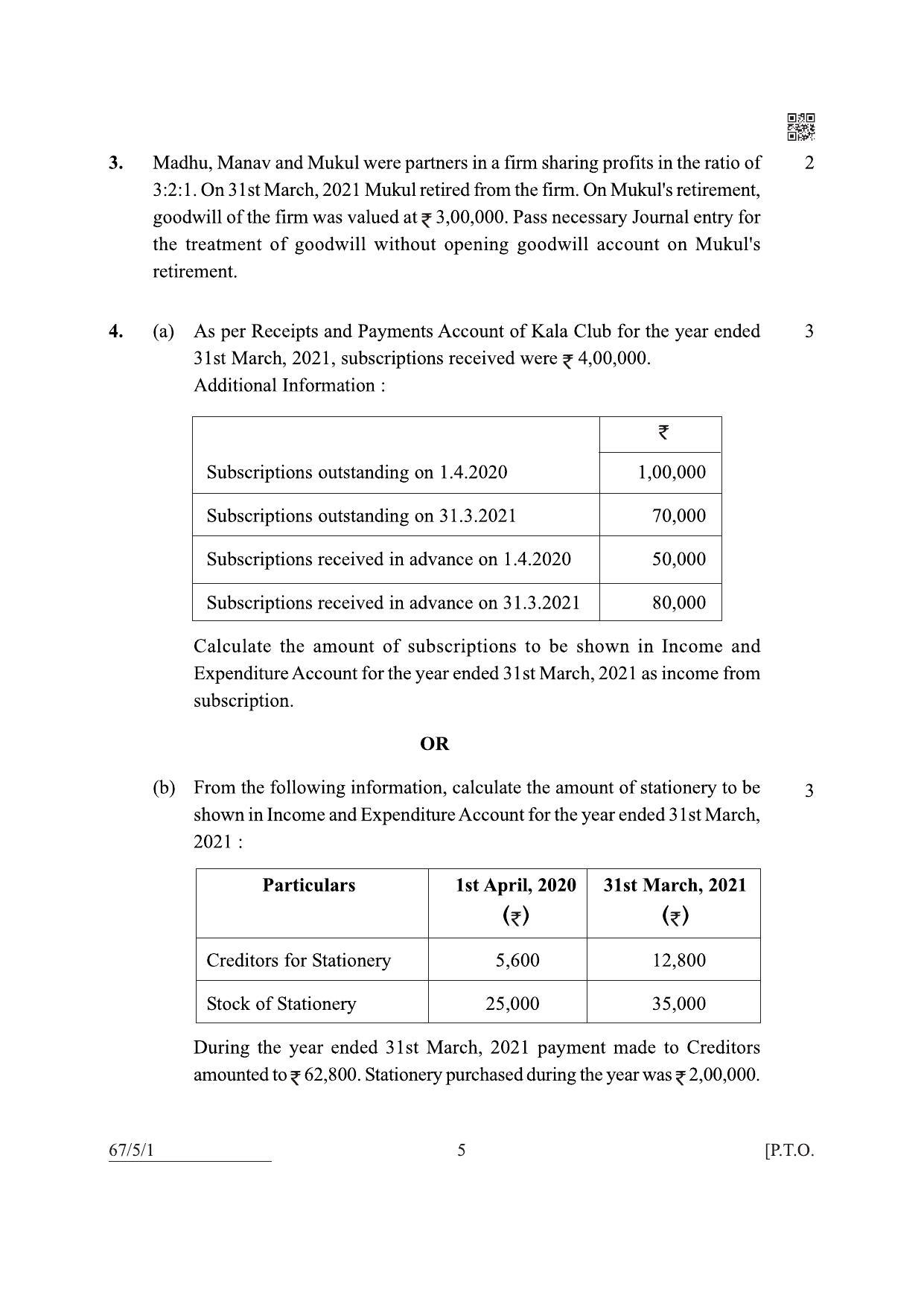 CBSE Class 12 67-5-1 Accountancy 2022 Question Paper - Page 5