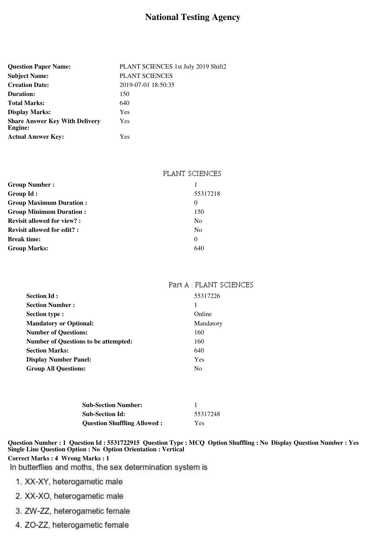 ICAR AIEEA PG 2019 PLANT SCIENCES Question Paper - Page 1