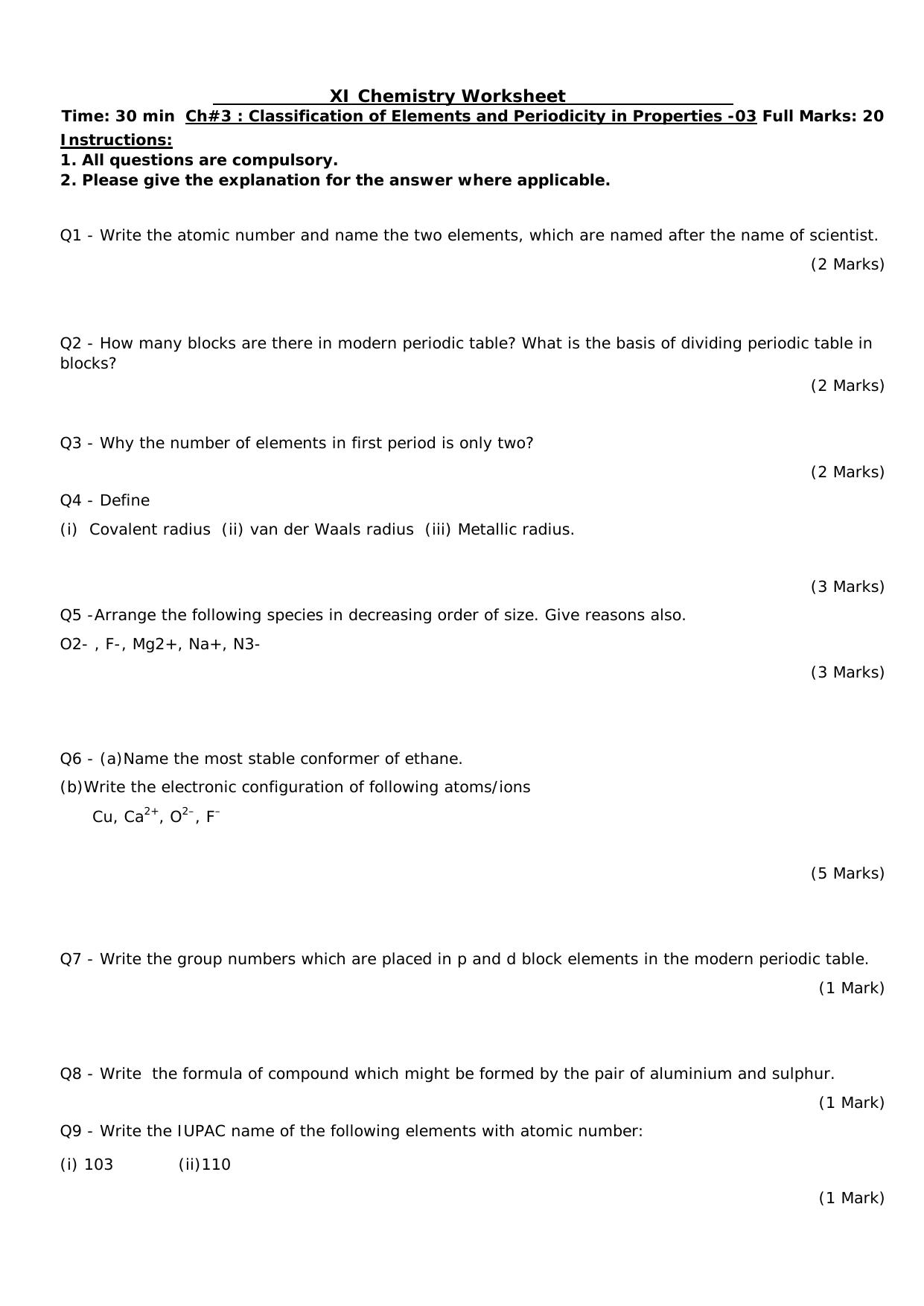 CBSE Worksheets for Class 11 Chemistry Classification of Elements and Periodicity Assignment 3 - Page 1