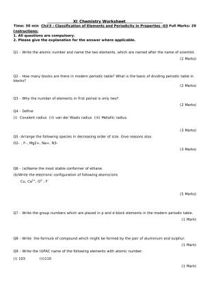 CBSE Worksheets for Class 11 Chemistry Classification of Elements and Periodicity Assignment 3
