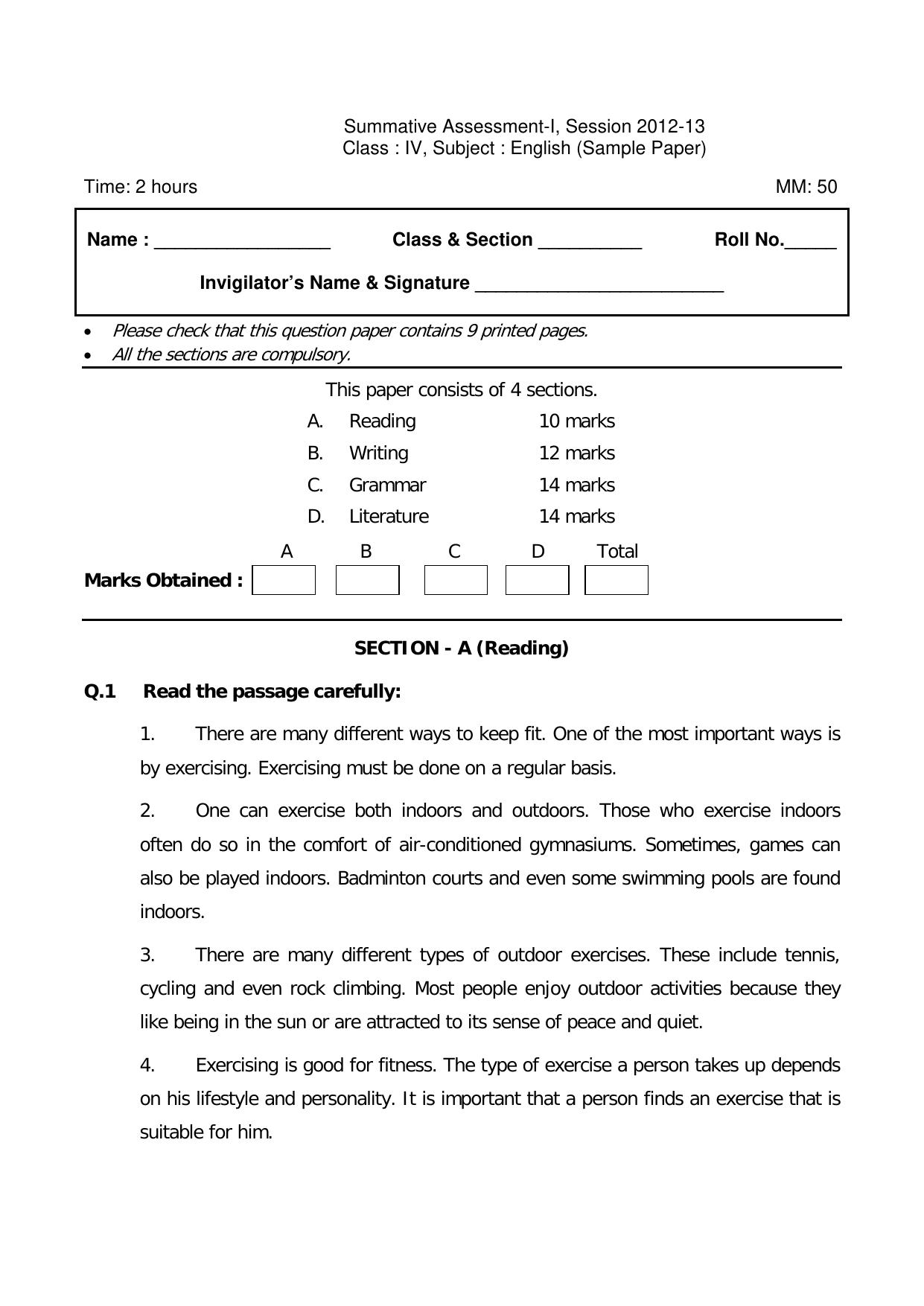 Worksheet for Class 4 English Assignment 9 - Page 1