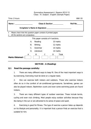Worksheet for Class 4 English Assignment 9