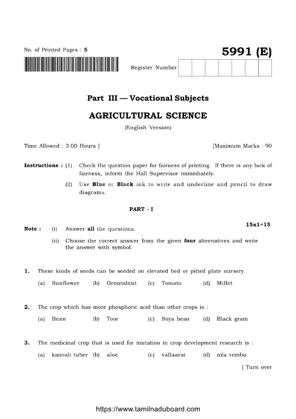 TN Class 12 Agricultural Science 5991 Question Papers 2022 - Page 1