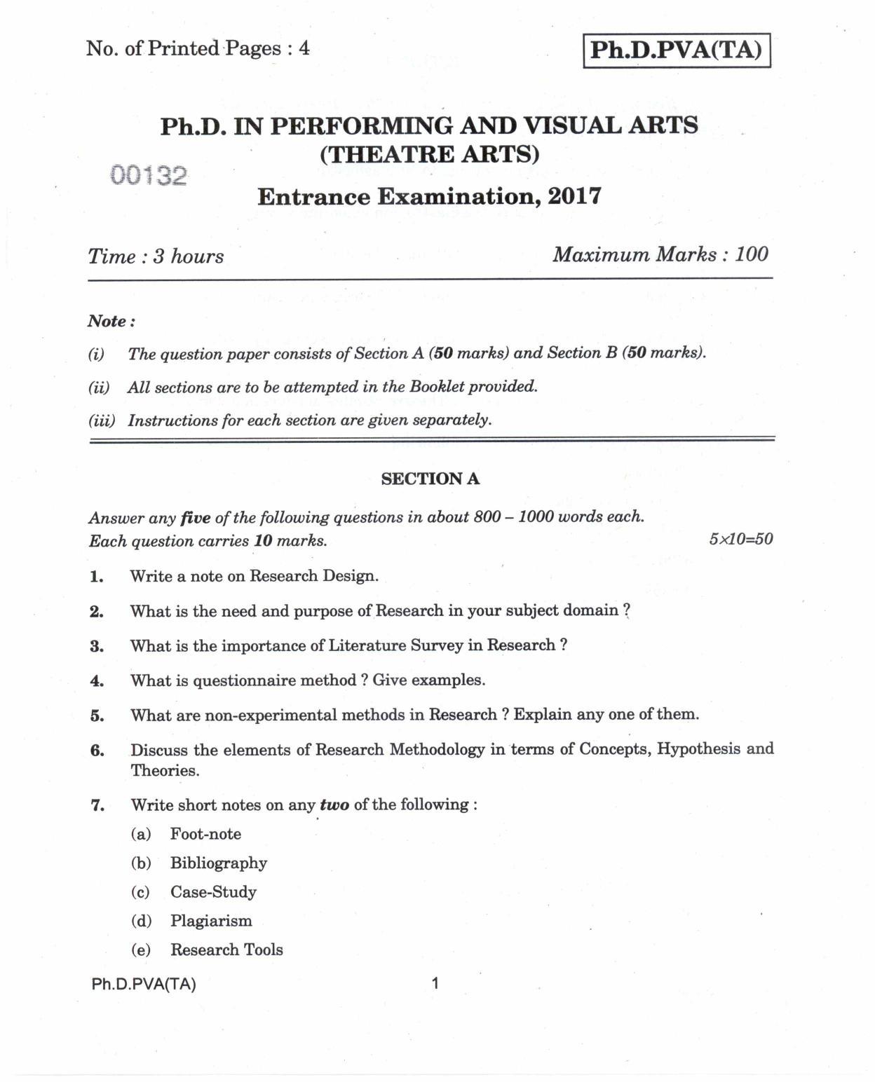 IGNOU PhD Entrance Test Ph.D. In Performing And Visual Arts (Theatre Arts) 2017 Question Paper - Page 1