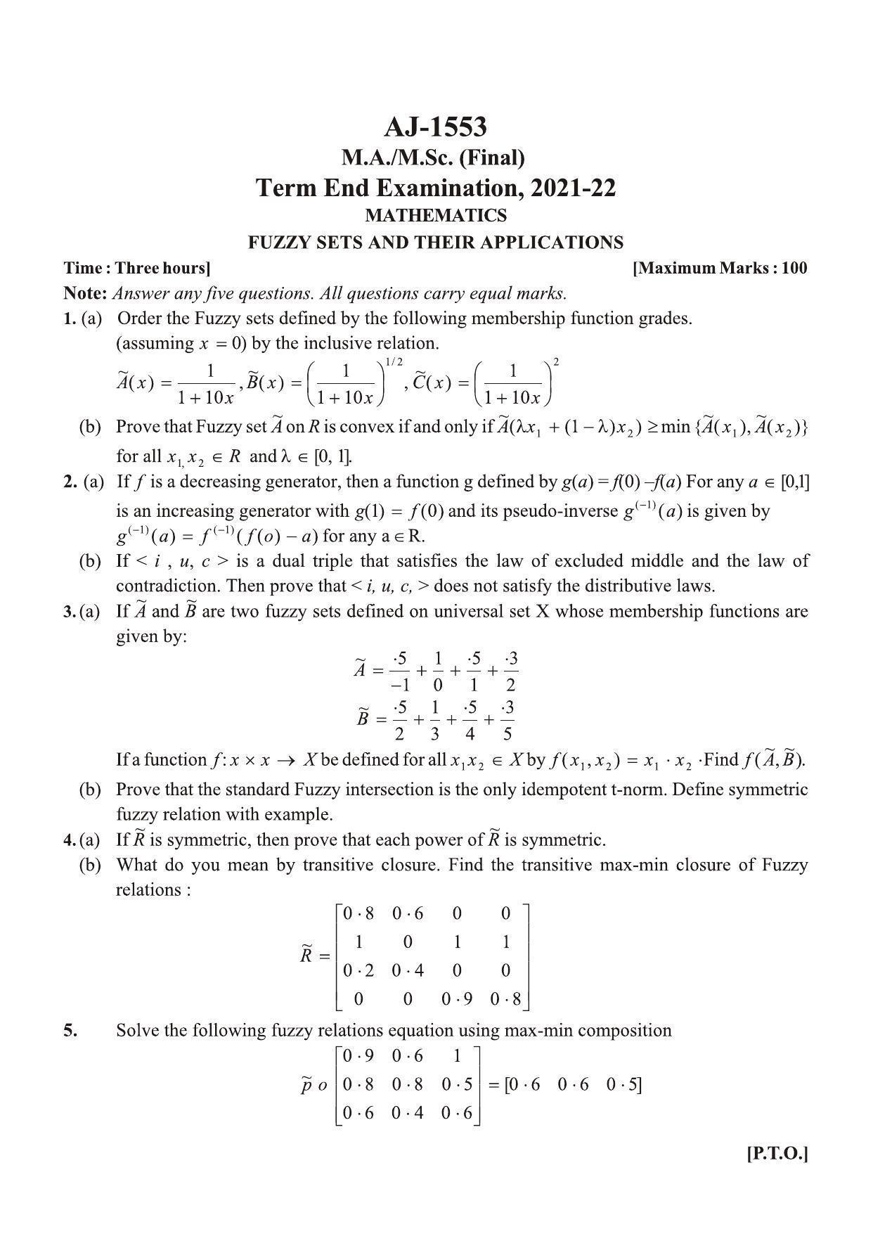 Bilaspur University Question Paper 20212022M.Sc (Final) Mathematics