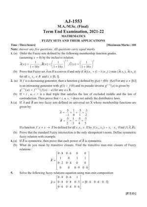 Bilaspur University Question Paper 2021-2022:M.Sc (Final) Mathematics Fuzzy Sets And Their Applications Paper 1