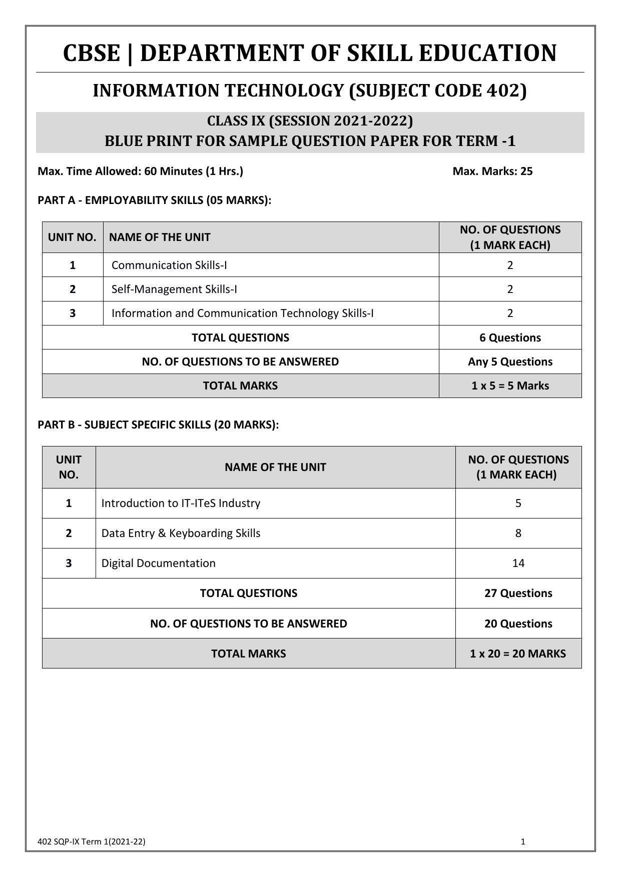 CBSE Class 10 Skill Education (Term I) - Information Technology Sample Paper 2021-22 - Page 1