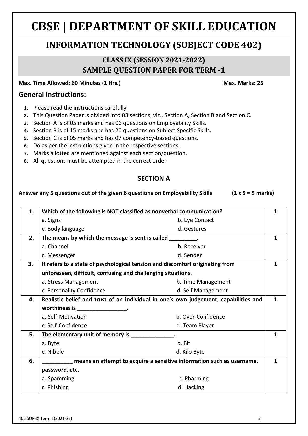 CBSE Class 10 Skill Education (Term I) - Information Technology Sample Paper 2021-22 - Page 2