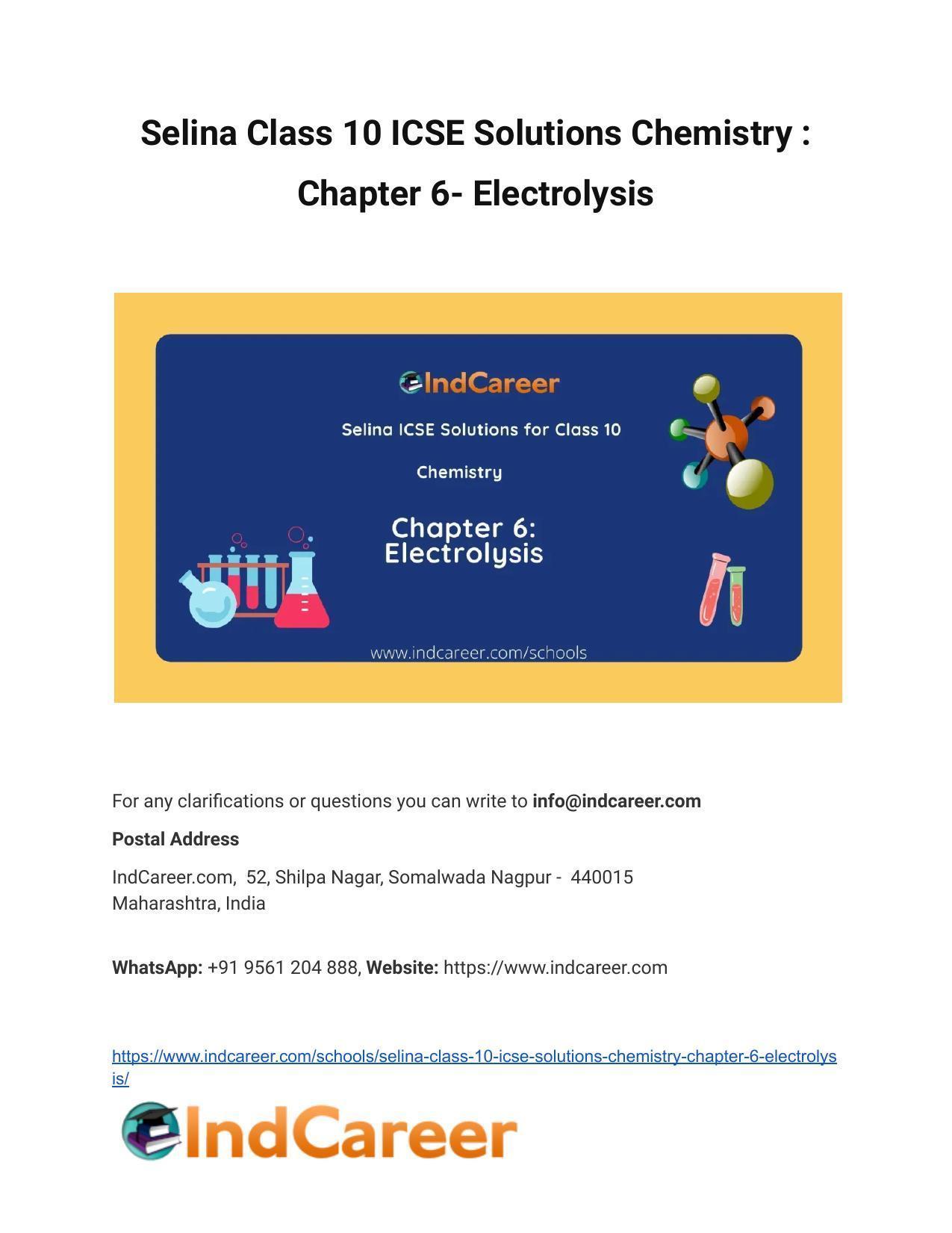 Selina Class 10 ICSE Solutions Chemistry : Chapter 6- Electrolysis - Page 1