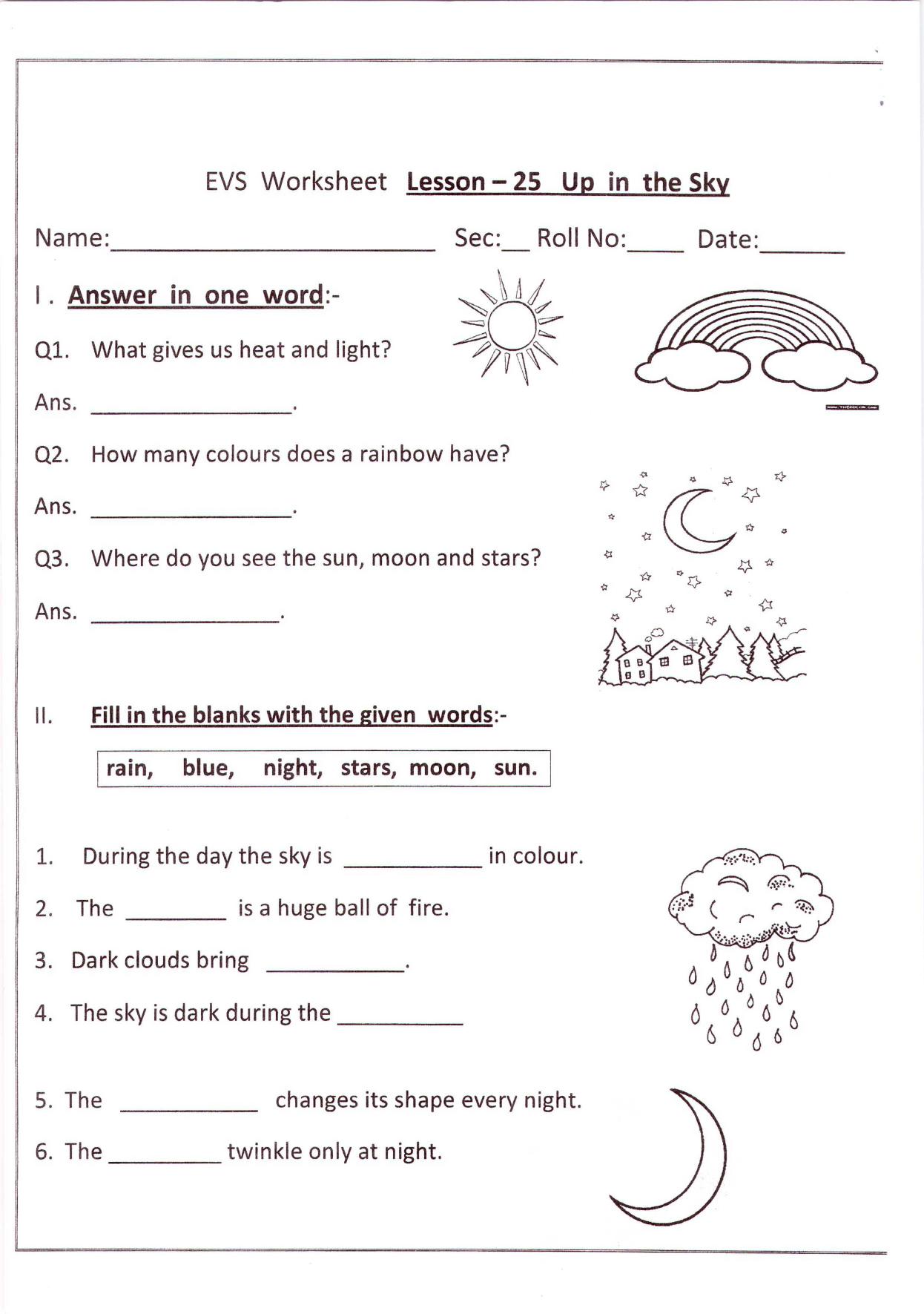 Worksheet for Class 1 EVS Up in the Sky Assignment - Page 1