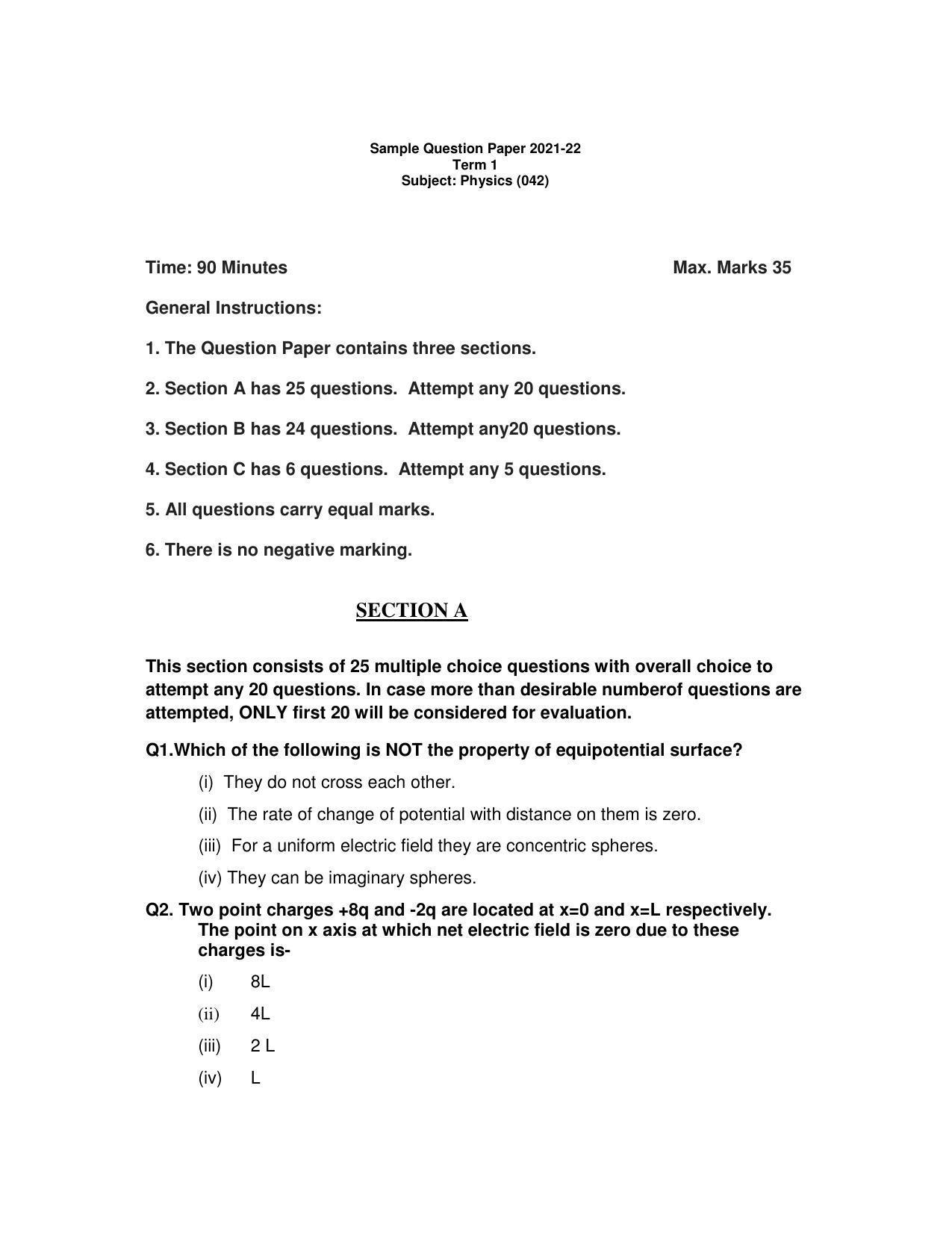 CBSE Class 12th Physics Sample Question Paper 2021-22 - Page 1