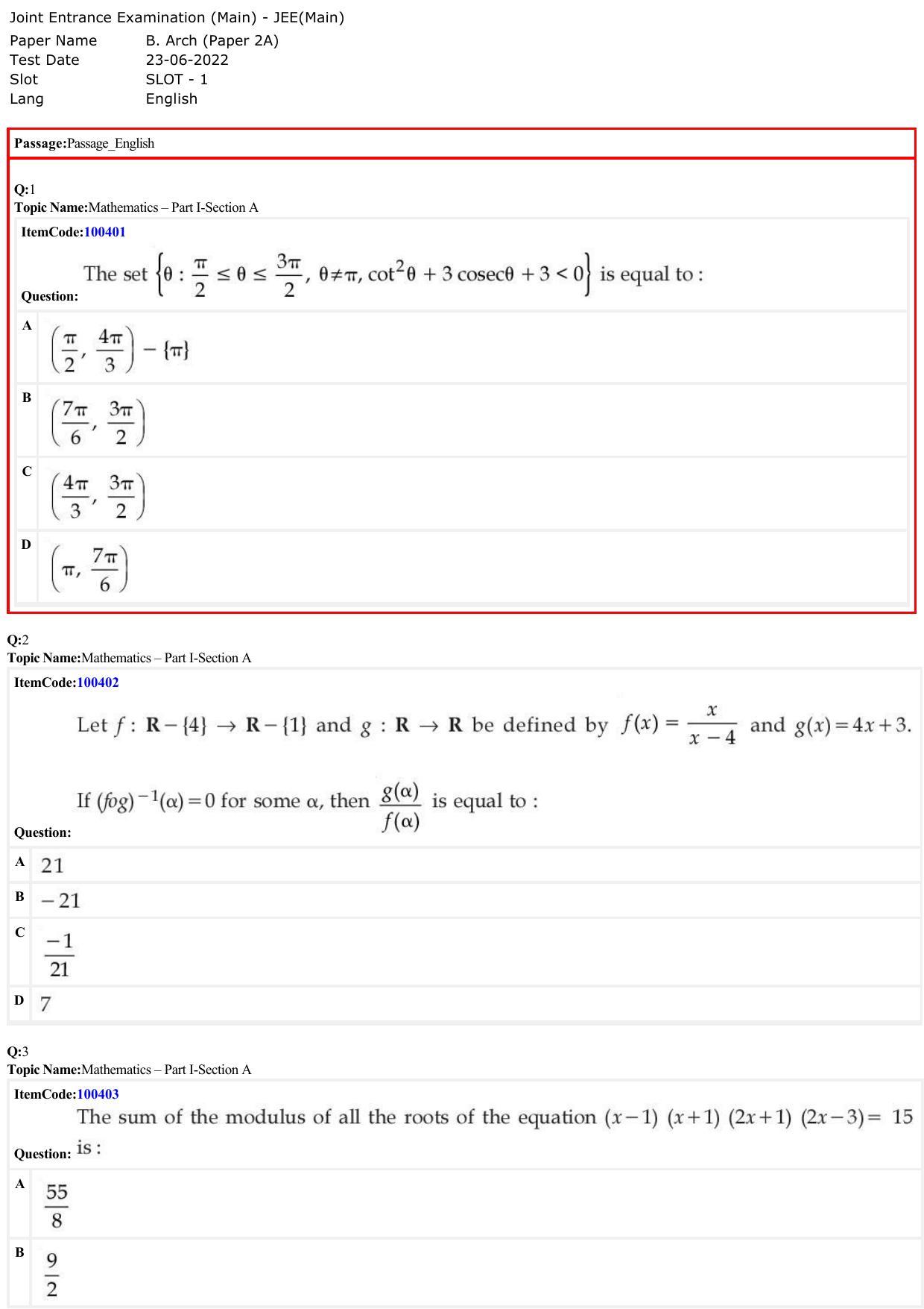 JEE Mains 2022: B Arch & B Planning English (Shift 1) 23-06-2022 Question Paper - Page 1