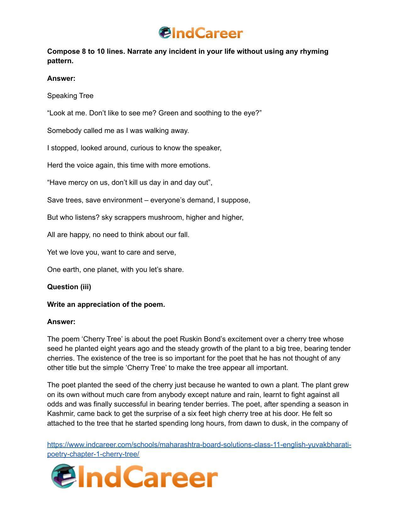 Maharashtra Board Solutions Class 11-English Yuvakbharati (Poetry): Chapter 1- Cherry Tree - Page 12