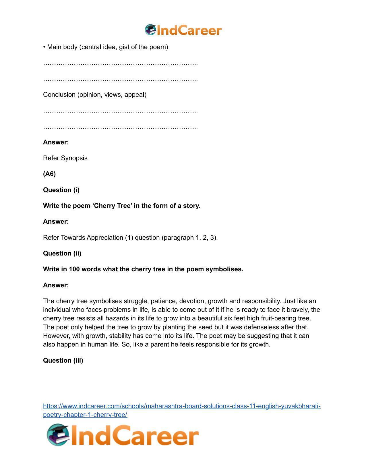 Maharashtra Board Solutions Class 11-English Yuvakbharati (Poetry): Chapter 1- Cherry Tree - Page 14