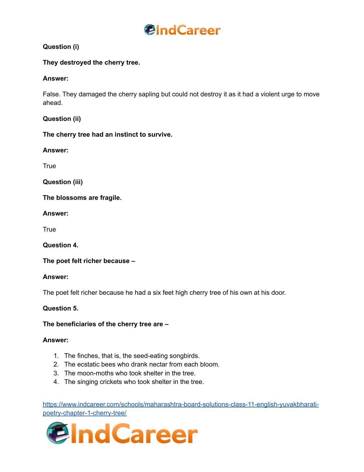 Maharashtra Board Solutions Class 11-English Yuvakbharati (Poetry): Chapter 1- Cherry Tree - Page 16