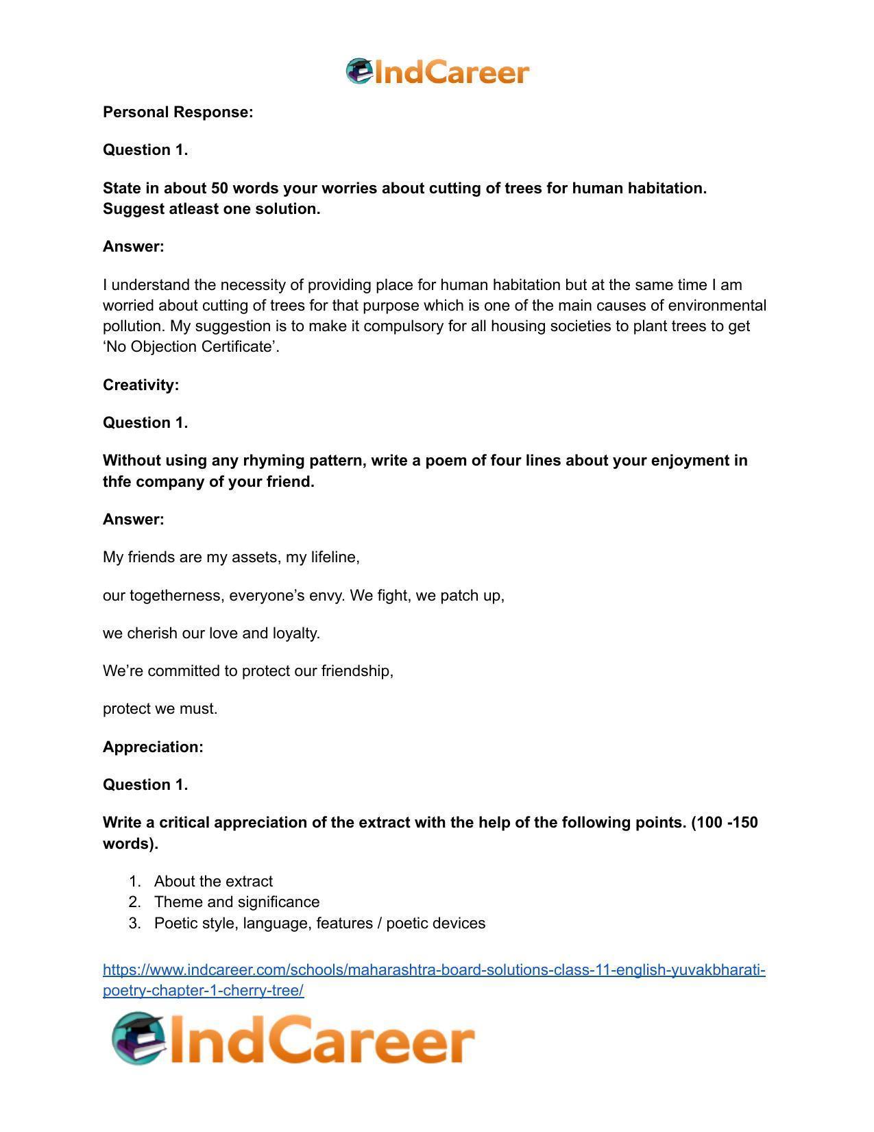 Maharashtra Board Solutions Class 11-English Yuvakbharati (Poetry): Chapter 1- Cherry Tree - Page 18