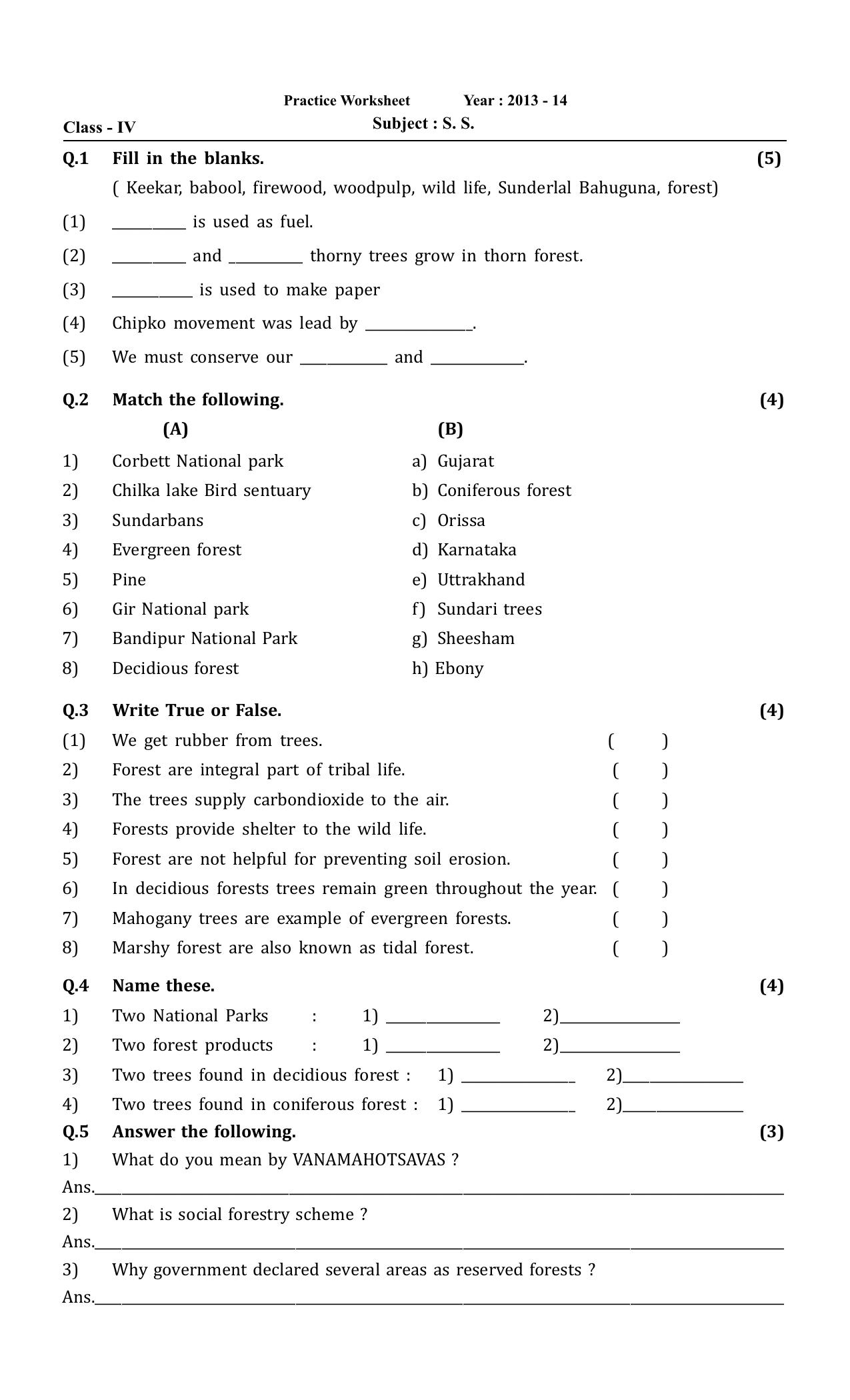 Worksheet for Class 4 Social Science Assignment 7 - Page 1