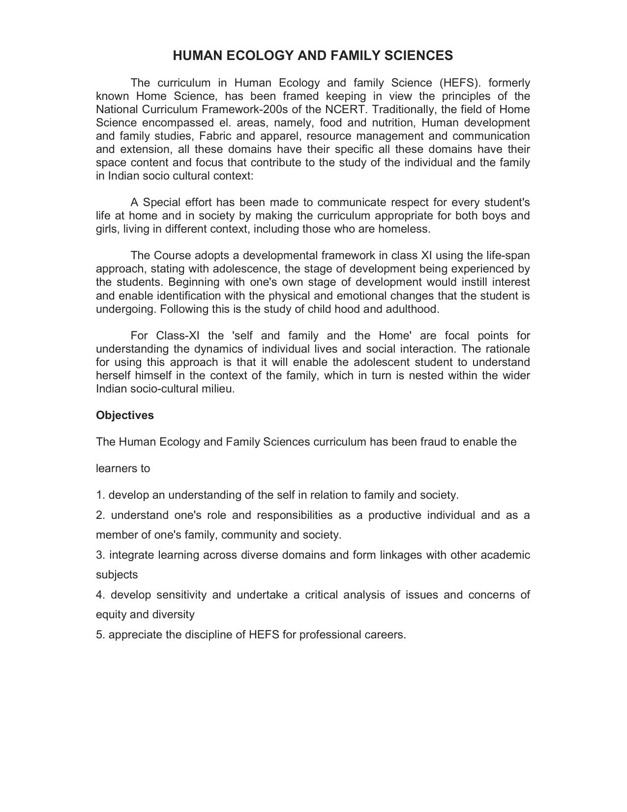 HP Board Class 11th Syllabus for Human Ecology & Family Science - Page 1