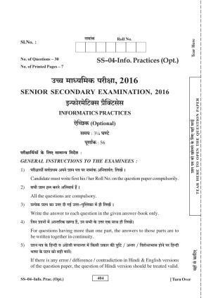 Class 12 2016 Informatics Practices RBSE Question Paper