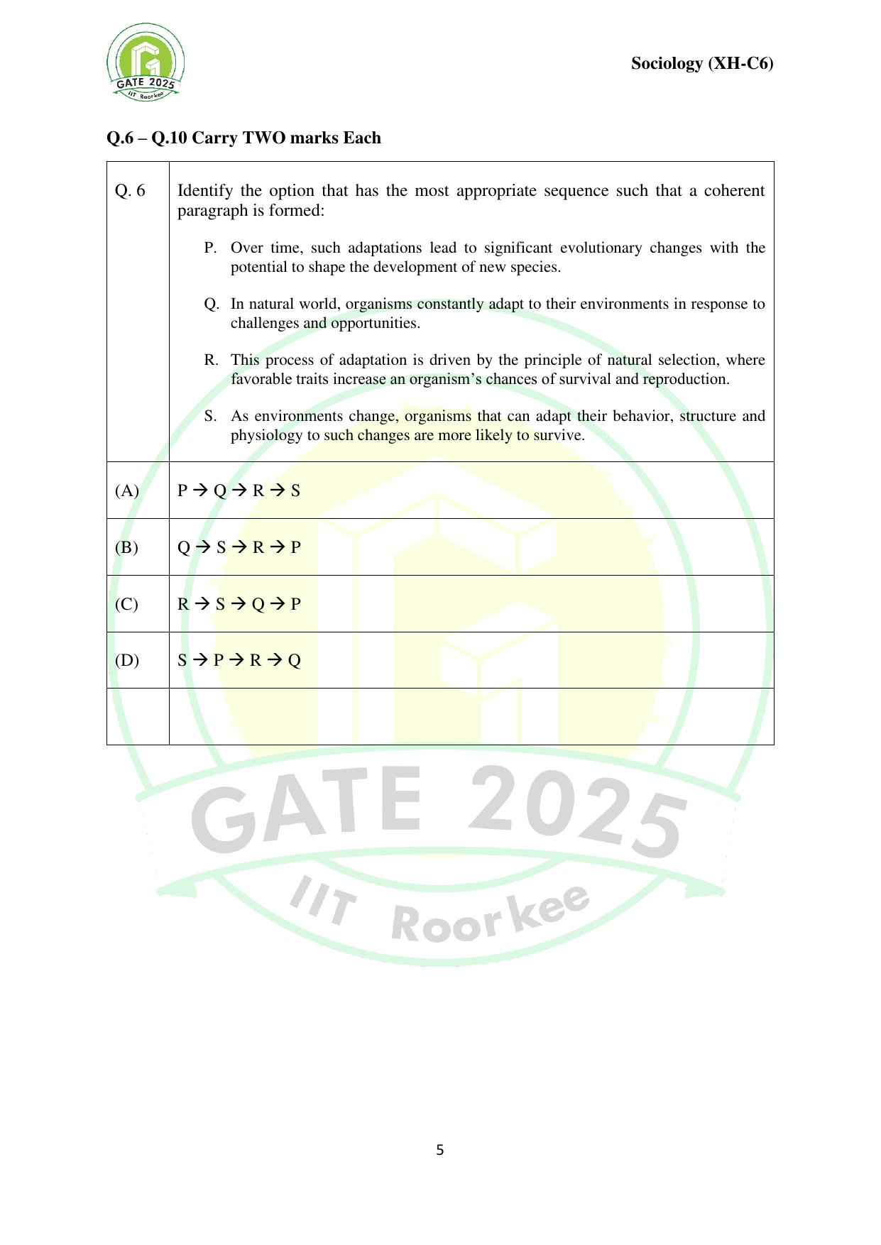 GATE 2025 Humanities & Social Sciences - Sociology (XH-C6) Question Paper - Page 5